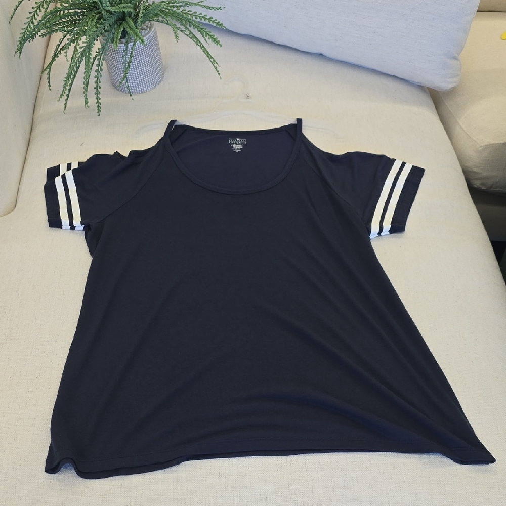 Maurices Navy Cold Shoulder Tee with Striped Sleeves